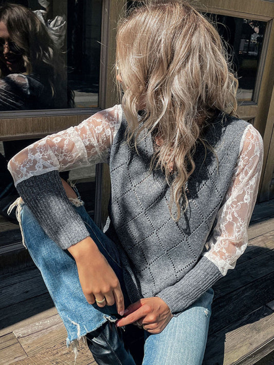 Long-sleeved lace stitching sweater