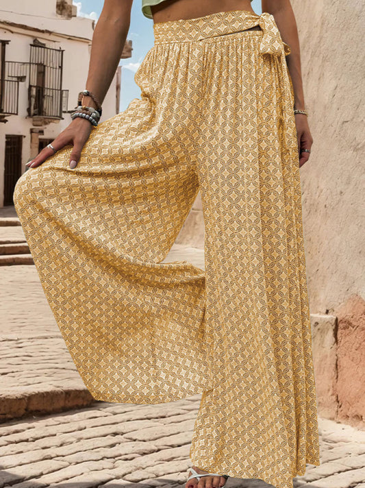 Lace-up high-waisted casual printed wide-leg trousers